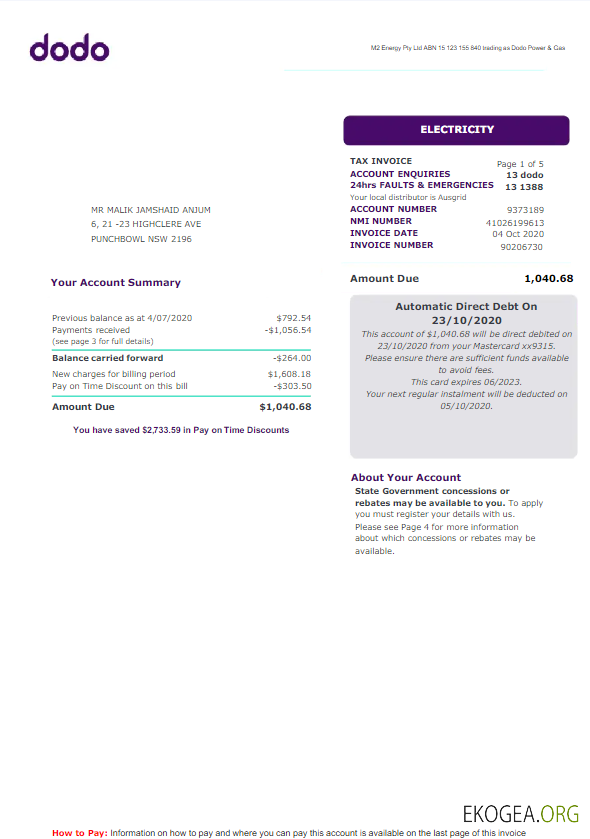 AUSTRALIA NEW SOUTH WALES DODO utility bill Word and PDF template